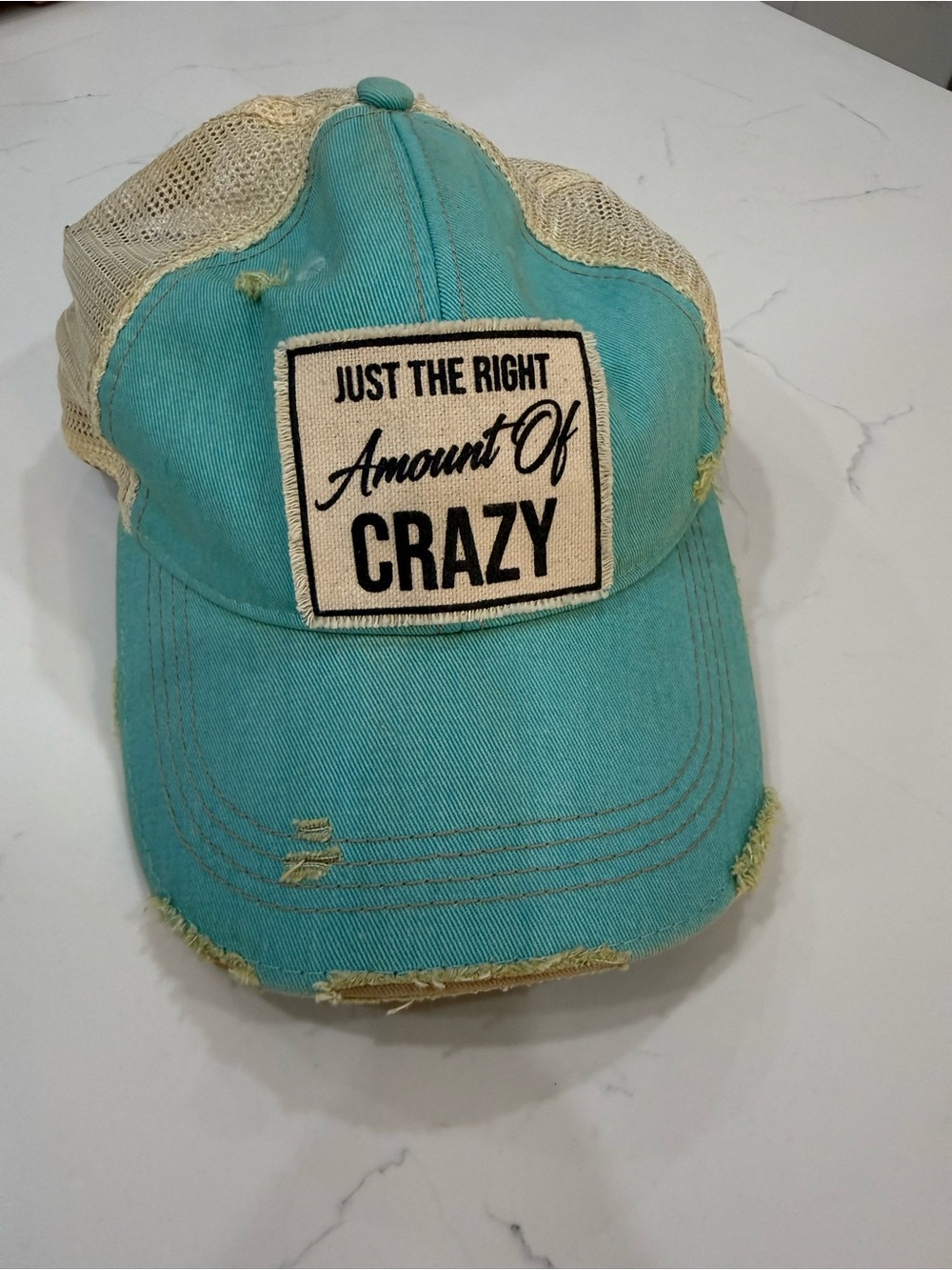 💙 Headmost Women’s “Just the Right Amount of Crazy” Trucker Hat – Teal & Beige